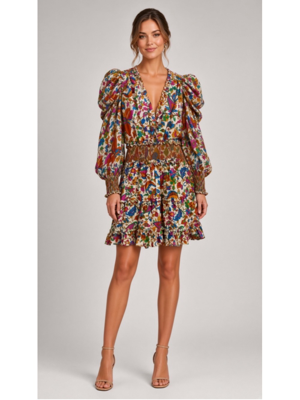 House of Harlow 1960 Nicole Richie Floral Puff Sleeve Smocked Mini Dress Medium